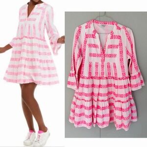 CROWN & IVY Geometric Boho Bell Sleeve Tiered Dress Pink White XL Greek Aztec
